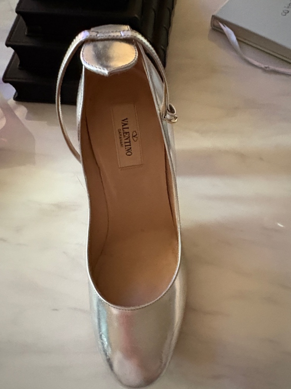 Valentino Silver Metallic Leather Ankle-Strap Heels